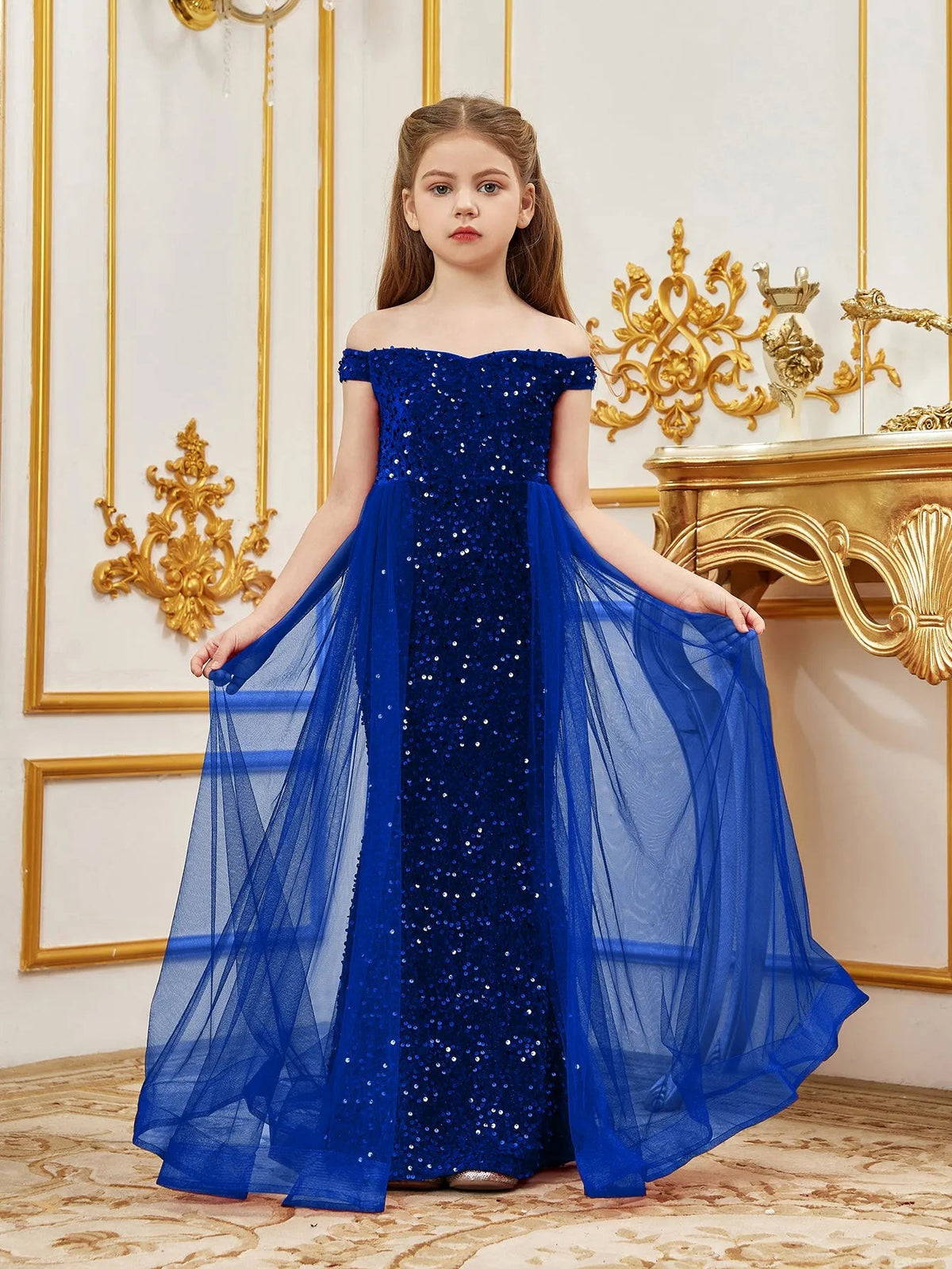 Alternate view of Mesh Overlay Off-Shoulder Sequin Mermaid Short-Sleeve Maxi Tween Girls' Party Dress in Royal Blue