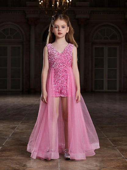 Additional product view of Mesh Overlay V-Neck Sequin Sleeveless Tween Girls' Formal Romper