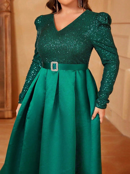Plus-Size V-Neck Gigot Sleeve Slit A-Line Prom Dress — authorized product image 5