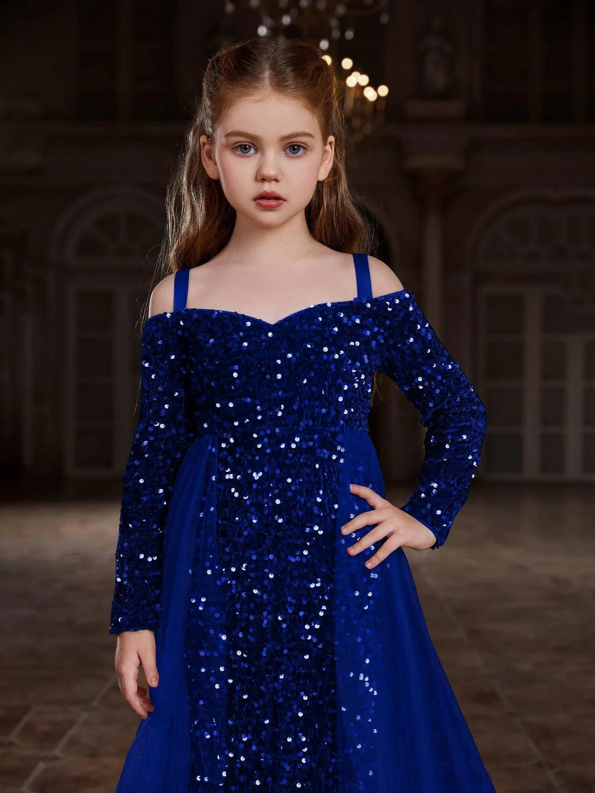 Additional product view of Mesh Overlay Off-Shoulder Sequin Mermaid Long-Sleeve Tween Girls' Party Dress