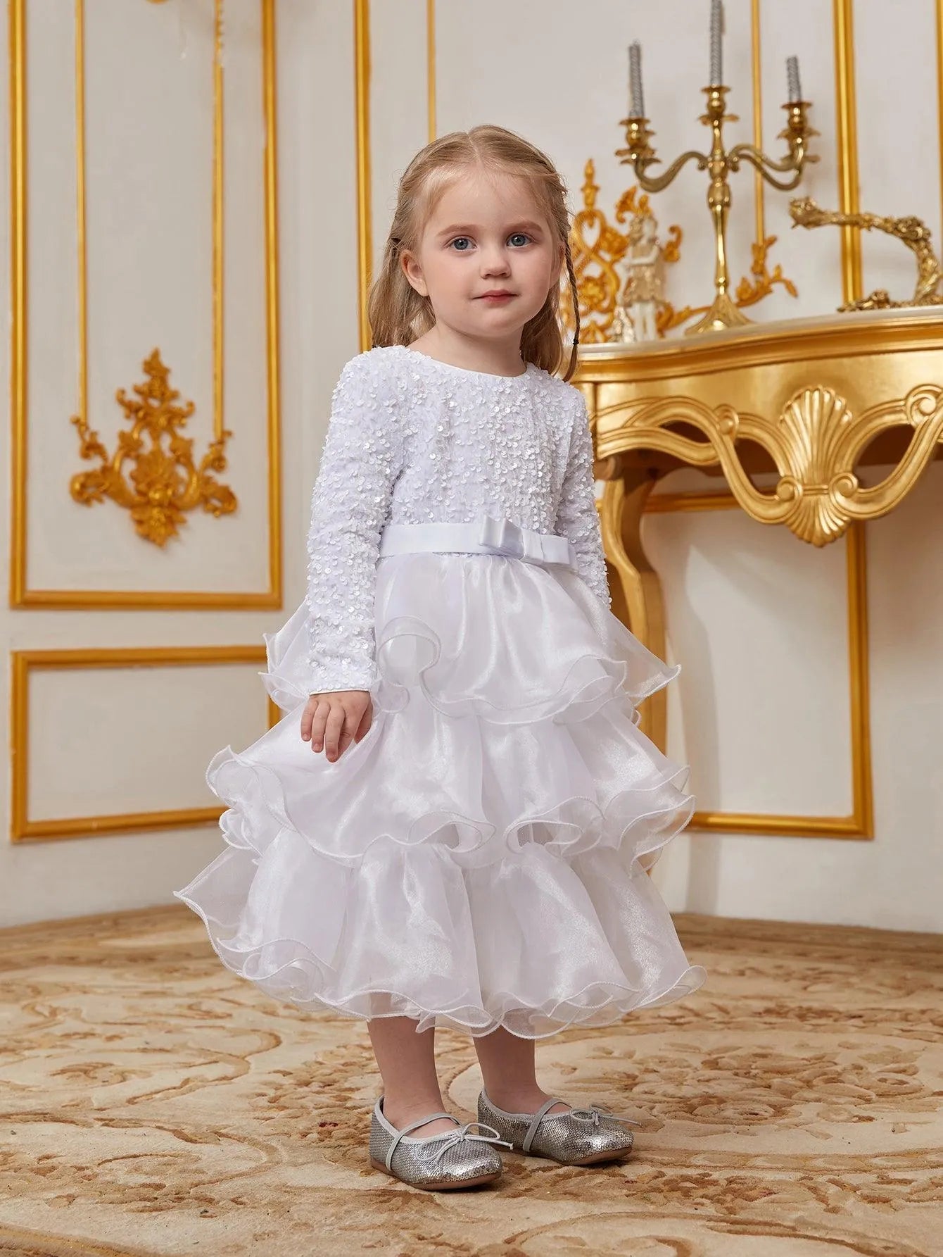 Young Girls' Round Neck Sequin Long-Sleeve A-Line Formal Dress — authorized product image 5