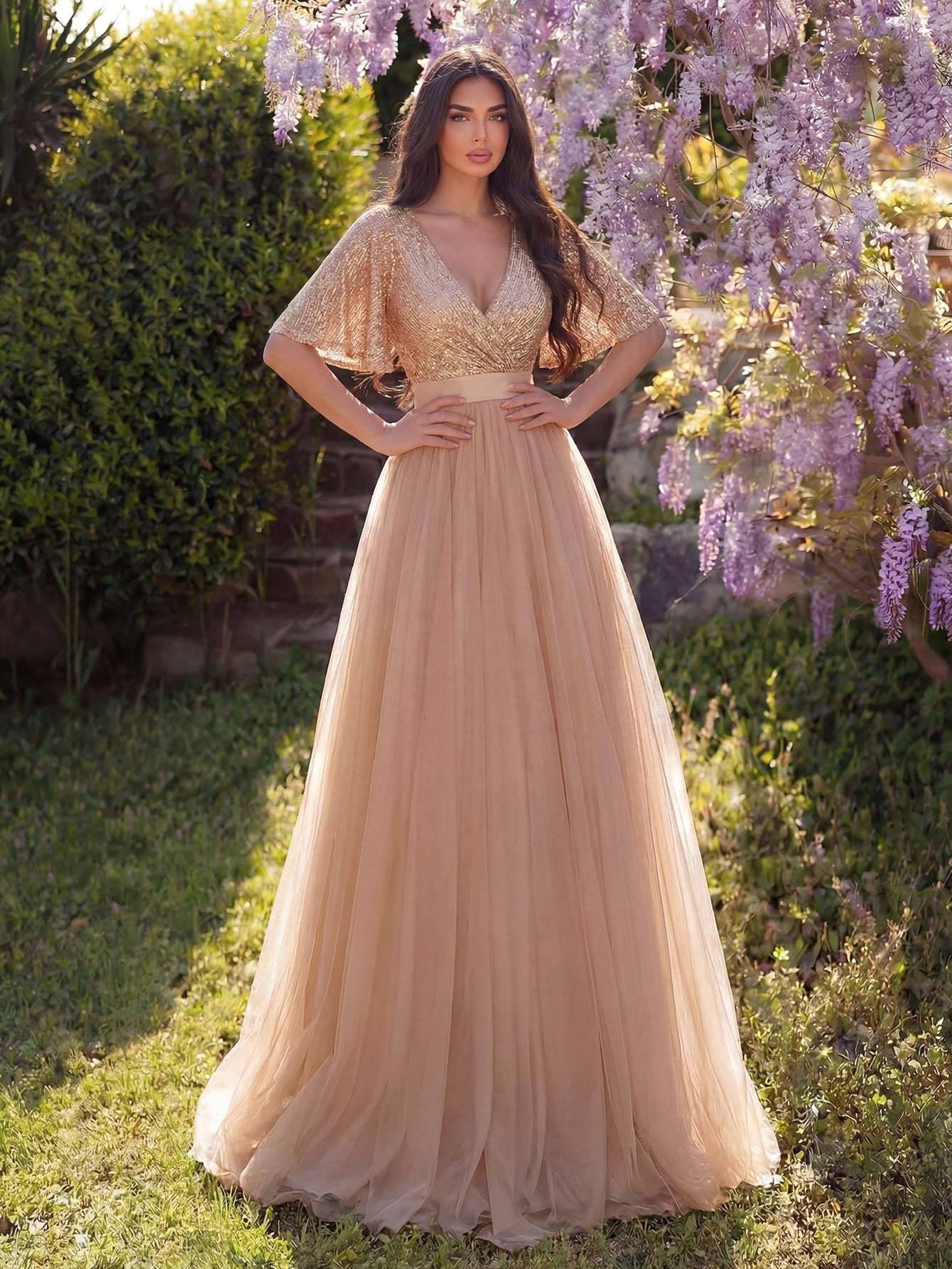 Surplice-Neck V-Neck Mesh Sequin A-Line Evening Gown in Champagne