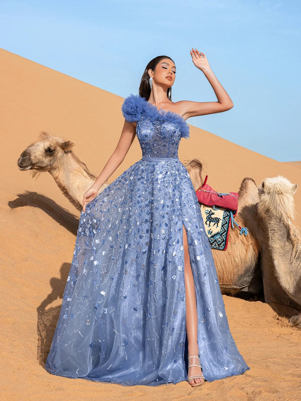 One-Shoulder Sequin Beaded Sleeveless A-Line Evening Gown