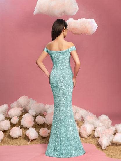 Additional product view of Mermaid Hem Off-Shoulder Sequin Short-Sleeve Maxi Teen Girls' Party Dress