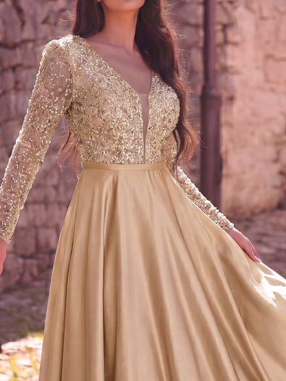 Elegant V-Neck Long Sleeve Evening Gown with Puffed Sleeve Detailing, Sequin Beaded Embellishments, Thin Waist Belt & Satin A-Line Skirt | Elegant Formal Dress for Special Occasions
