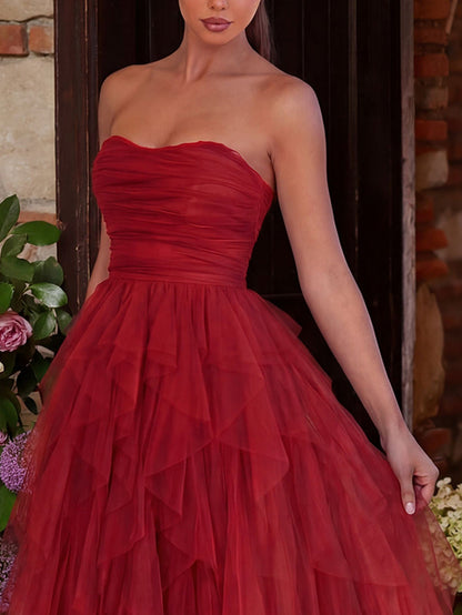 Elegant Strapless Mesh Overlay Formal Party Dress
