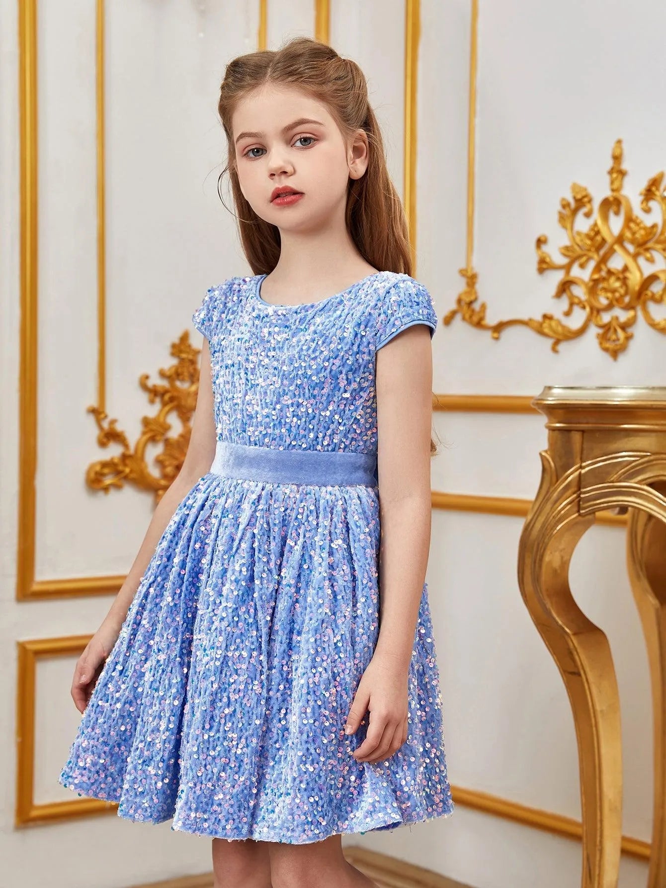 Additional product view of Bow-Back Sequin A-Line Short-Sleeve Midi Tween Girls' Party Dress