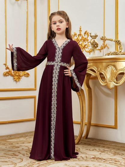 Tween Girls' Lace Trim Decoration V-neck Flare Sleeve Chiffon Party Dress — authorized product image 3