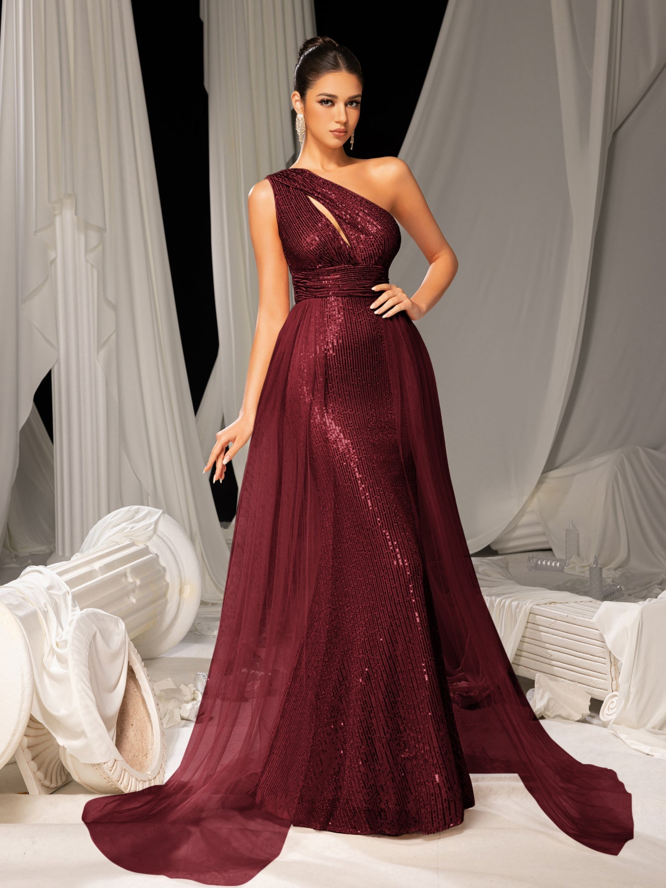 Additional product view of Mesh Overlay One-Shoulder Sequin Mermaid Sleeveless Evening Gown