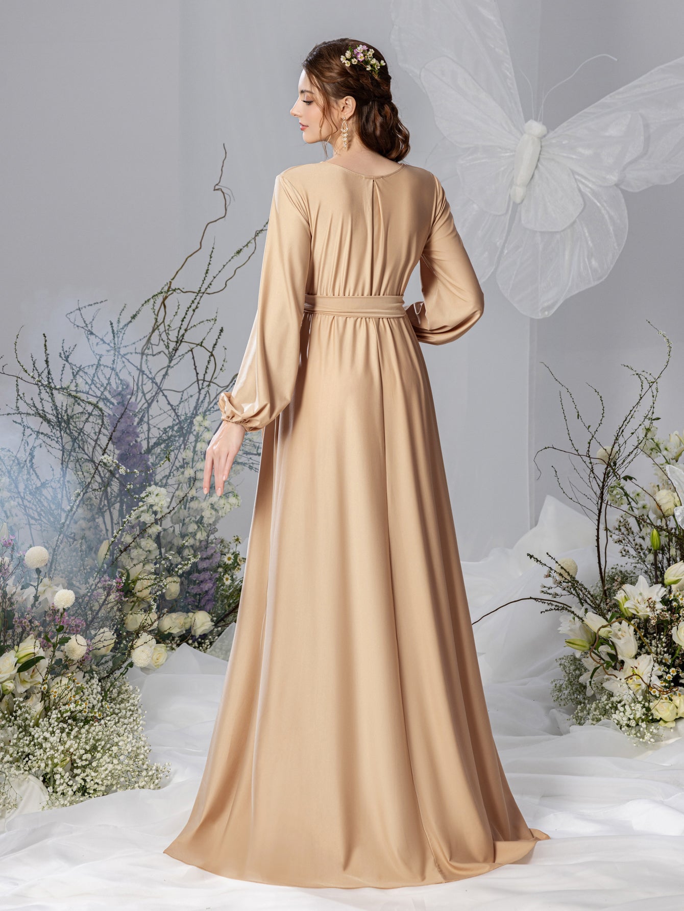 Maternity V-Neck Bow Long-Sleeve A-Line Evening Gown — authorized product image 2
