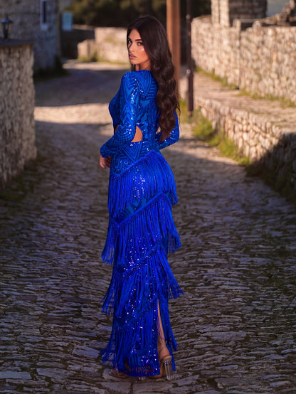 Gorgeous Cut Out Waist Fringed Sequin Party Dress