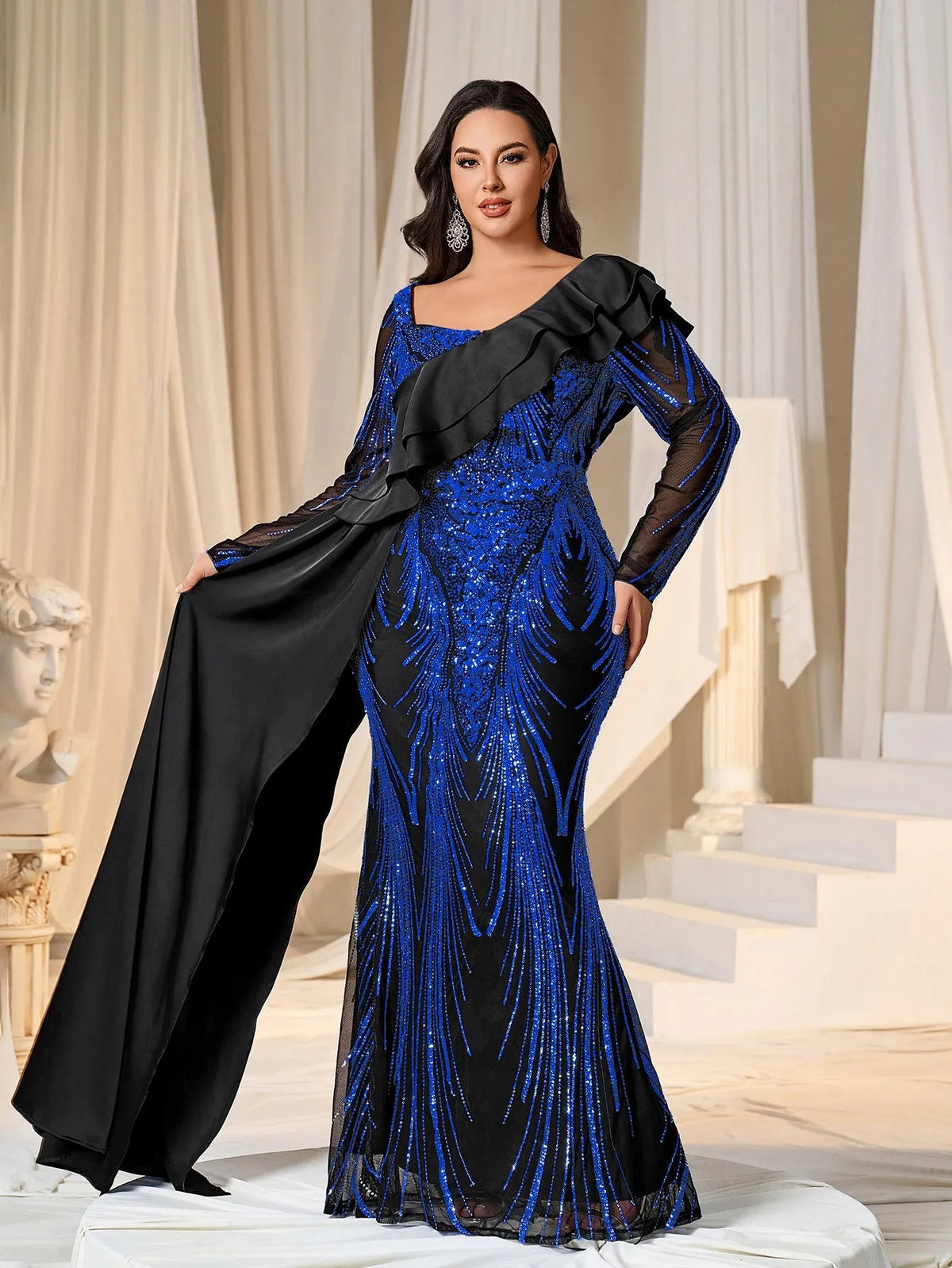 Plus Asymmetrical Ruffle Trim Mermaid Hem Graphic Sequin Formal Dress Evening Dress