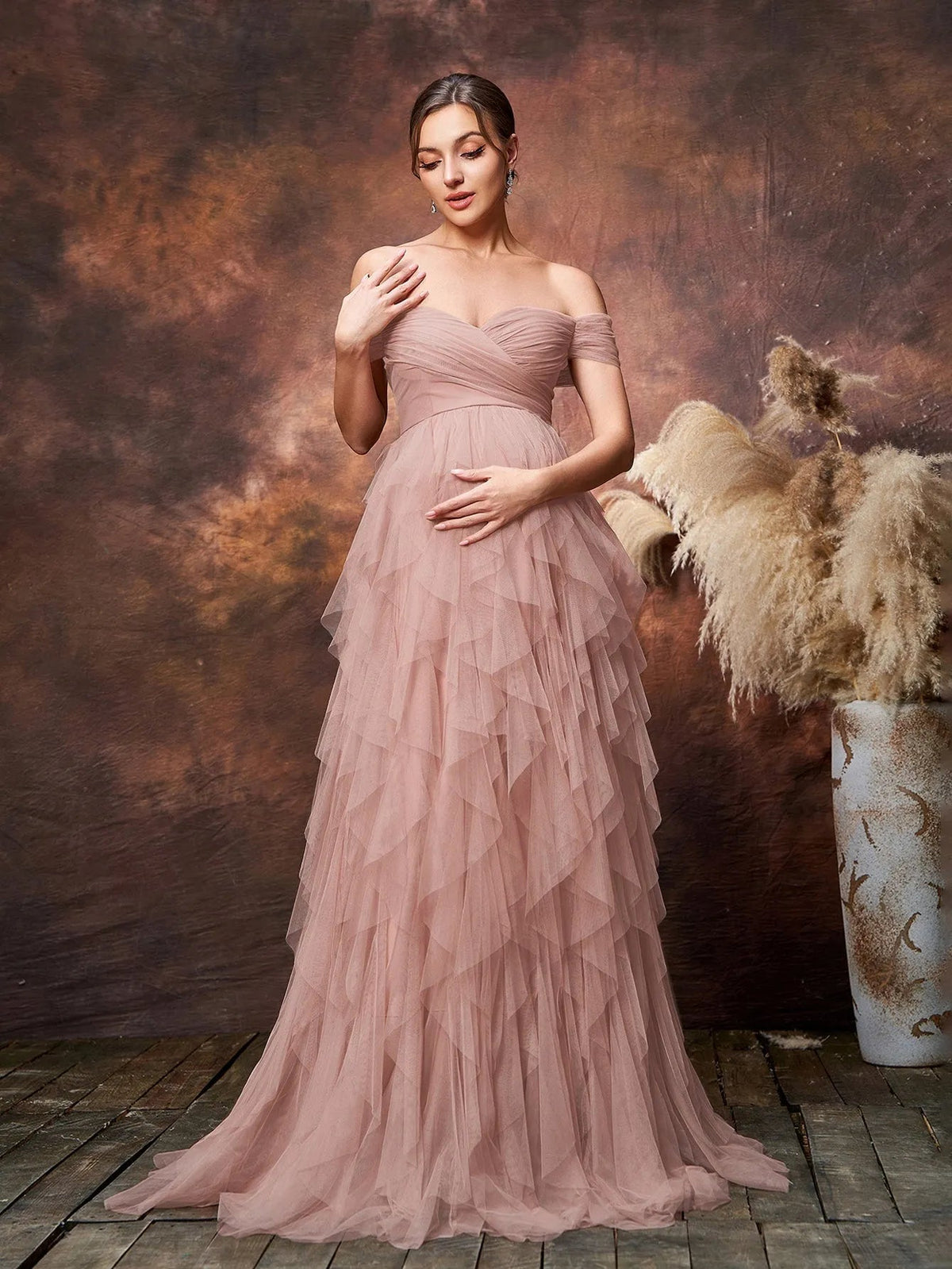 Maternity Off-Shoulder Tulle Short-Sleeve A-Line Evening Gown — authorized product image 3