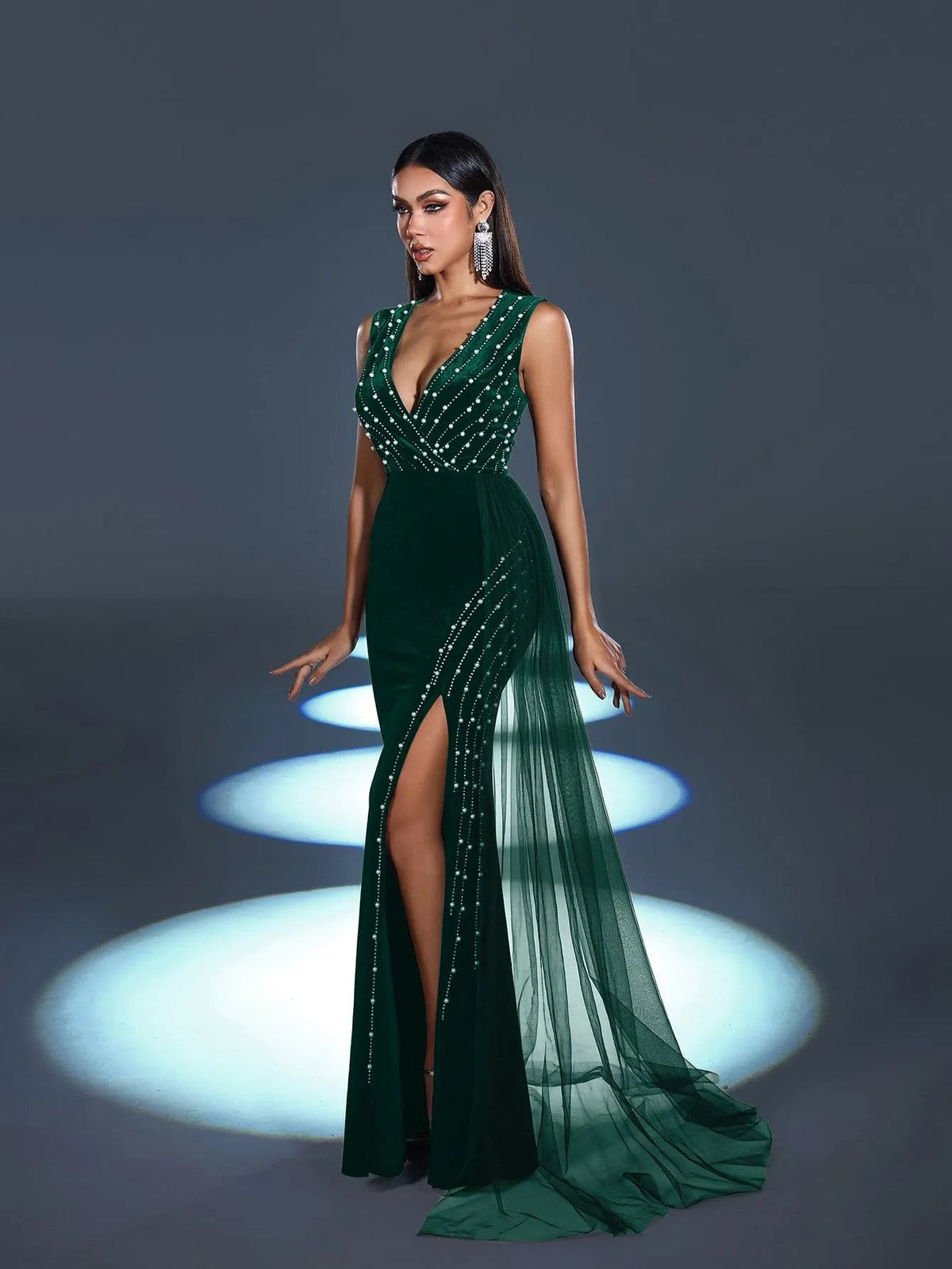 Additional view of V-Neck Velvet Sleeveless Mermaid Evening Gown