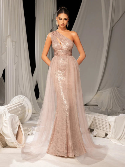 Additional product view of Mesh Overlay One-Shoulder Sequin Mermaid Sleeveless Evening Gown