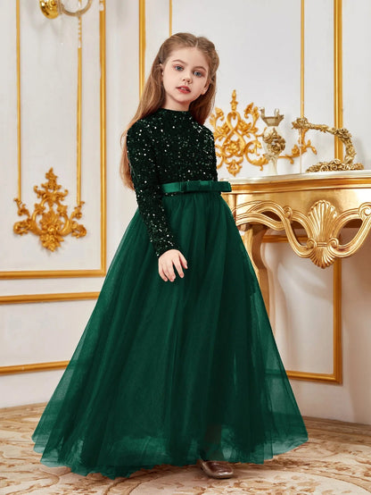 Additional product view of Bow Detail Mock-Neck Sequin A-Line Long-Sleeve Tween Girls' Party Dress