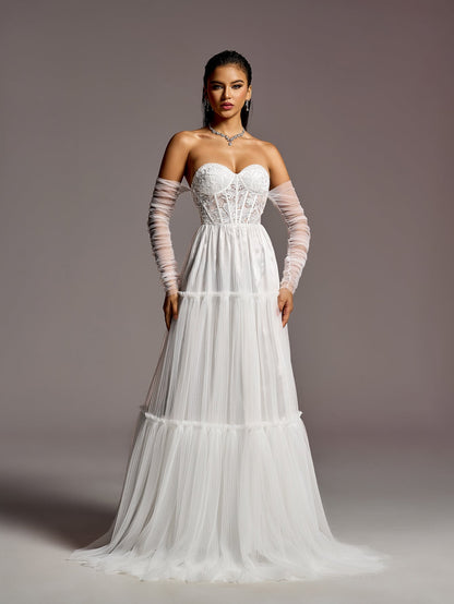 Elegant Lace Corset Bodice Sheer Sleeves A-line Tulle Wedding Dress – view 7