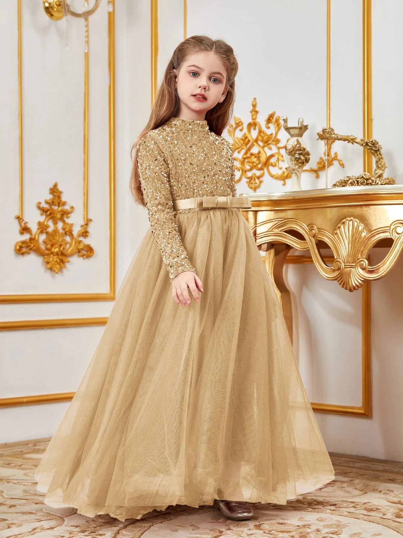 Additional product view of Bow Detail Mock-Neck Sequin A-Line Long-Sleeve Tween Girls' Party Dress
