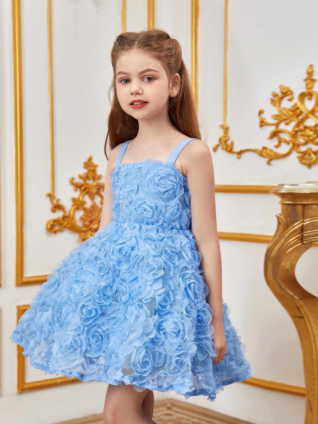 Additional product view of Floral Appliqué Cami Strap A-Line Sleeveless Mesh Tween Girls' Party Dress