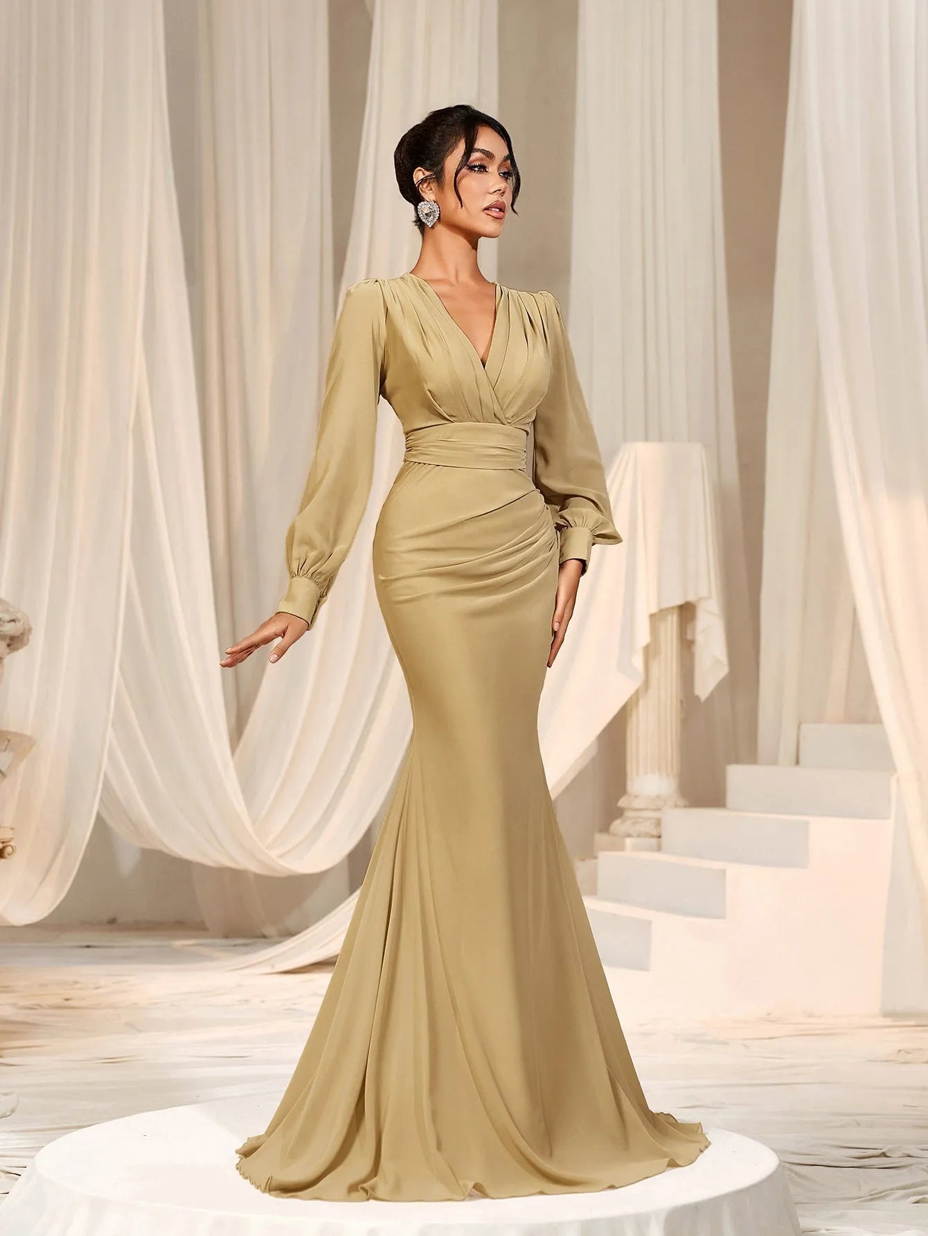 Additional product view of Surplice-Neck V-Neck Chiffon Mermaid Long-Sleeve Evening Gown