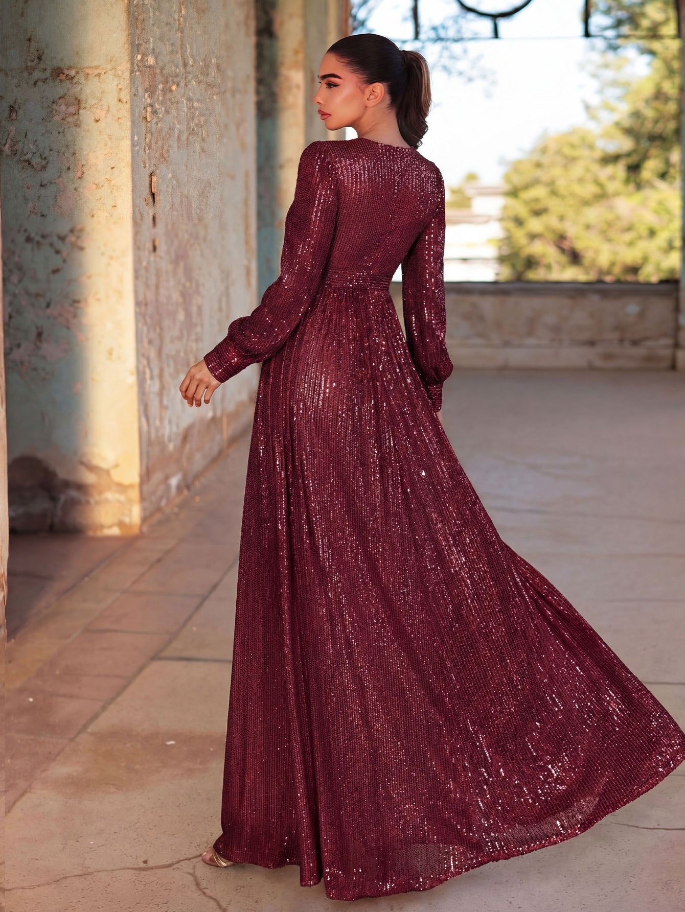 Elegant V Neck Long Sleeves Sequin A Line Dresses