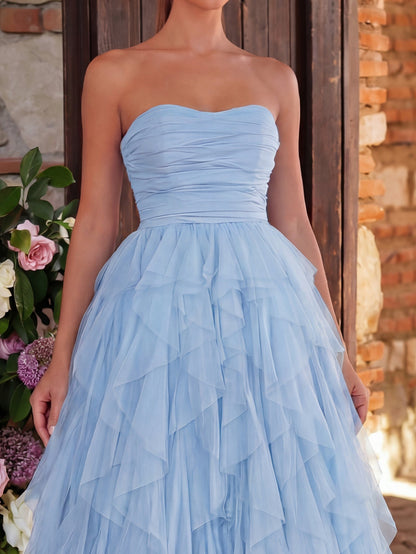 Elegant Strapless Mesh Overlay Formal Party Dress