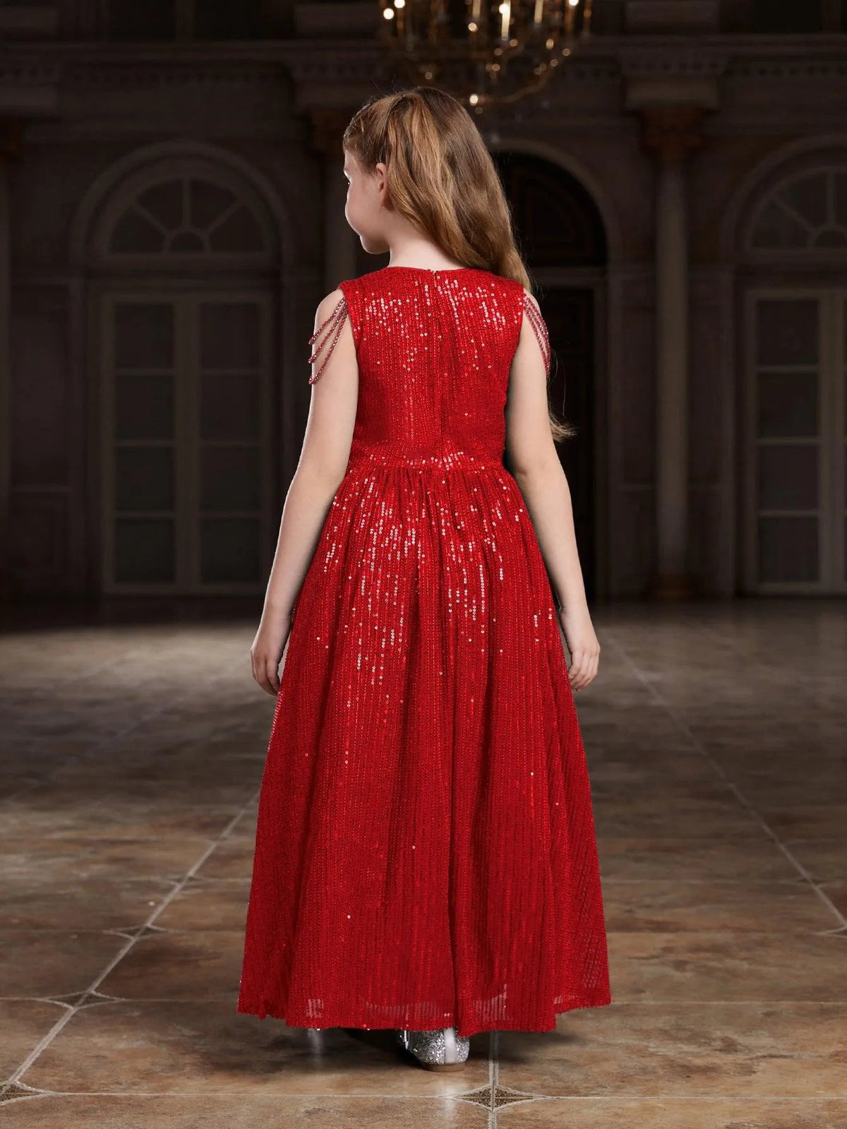Additional product view of V-Neck Sequin A-Line Sleeveless Maxi Tween Girls' Party Dress