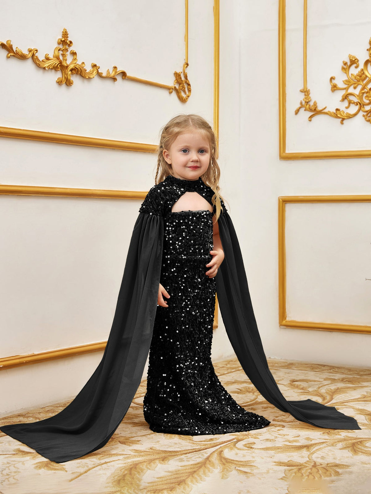 Additional product view of Cape-Sleeve Mock-Neck Sequin Mermaid Maxi Young Girls' Party Dress