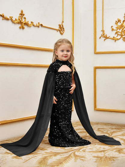 Additional product view of Cape-Sleeve Mock-Neck Sequin Mermaid Maxi Young Girls' Party Dress
