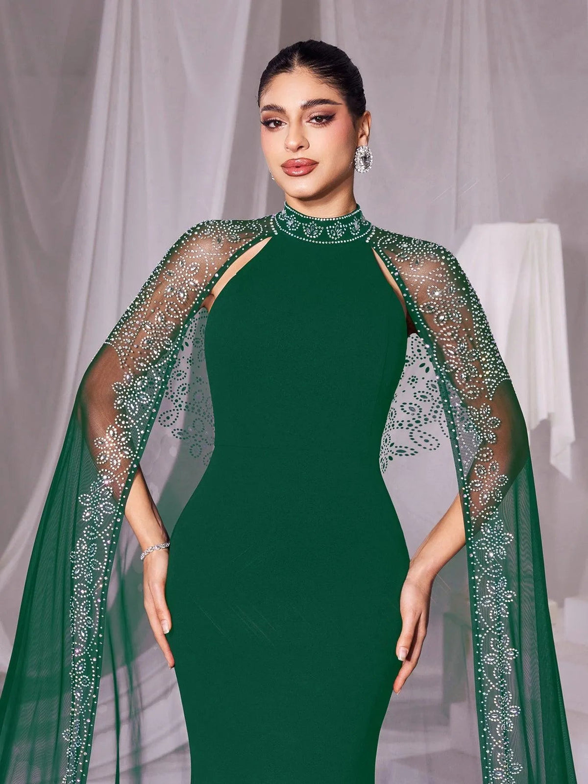 Additional view of Rhinestone Detail Mock Neck Mermaid Hem Formal Cape Evening Dress