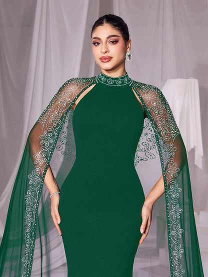 Additional view of Rhinestone Detail Mock Neck Mermaid Hem Formal Cape Evening Dress