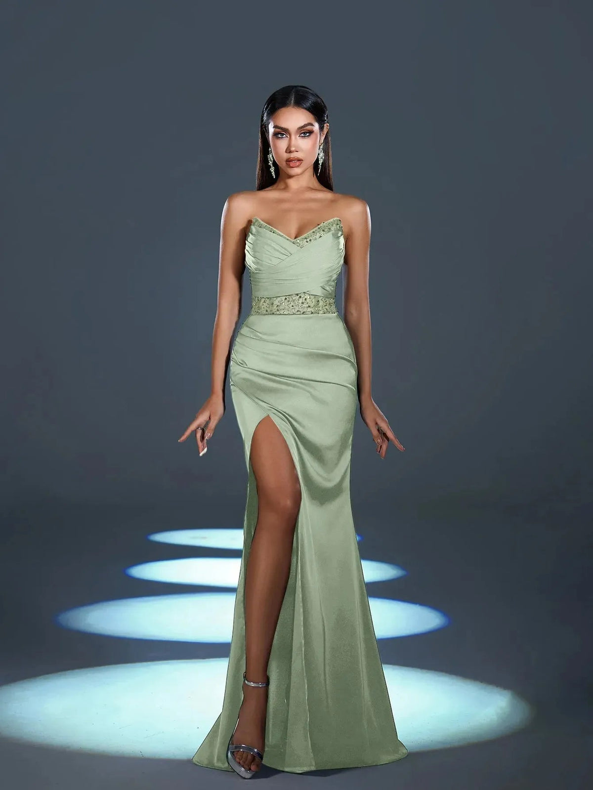 Additional product view of High-Slit Strapless Satin Sequin Mermaid Evening Gown