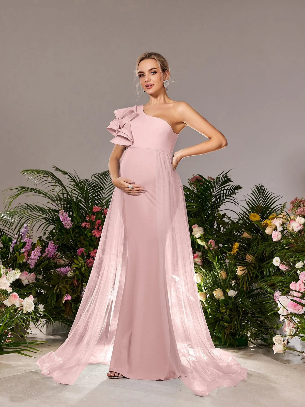 Additional product view of Mesh Overlay Ruffle Trim One-Shoulder Knit Mermaid Maternity Evening Dress