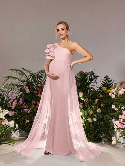Additional product view of Mesh Overlay Ruffle Trim One-Shoulder Knit Mermaid Maternity Evening Dress