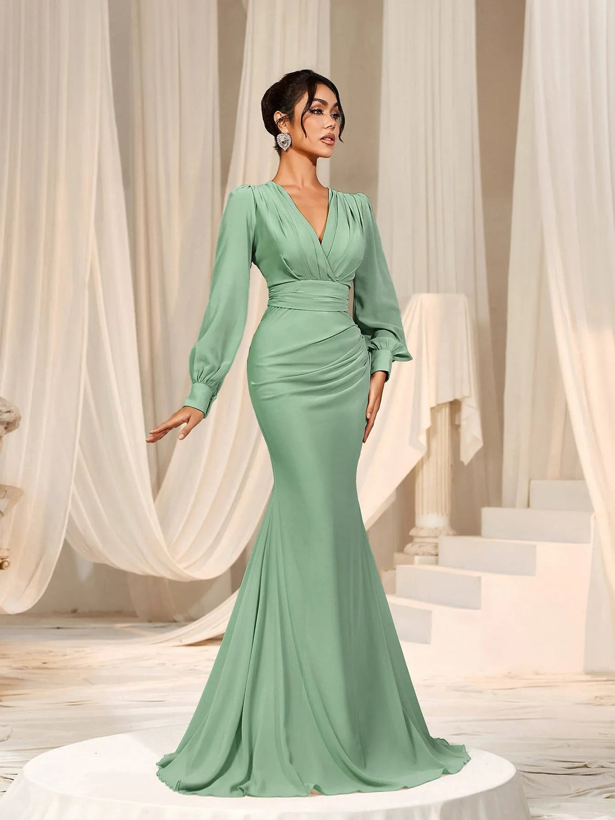 Additional product view of Surplice-Neck V-Neck Chiffon Mermaid Long-Sleeve Evening Gown
