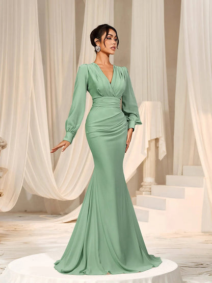 Additional product view of Surplice-Neck V-Neck Chiffon Mermaid Long-Sleeve Evening Gown