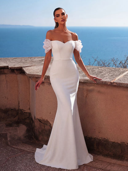 Additional product view of Mermaid Hem Knit Off-Shoulder Short-Sleeve Maxi Wedding Dress