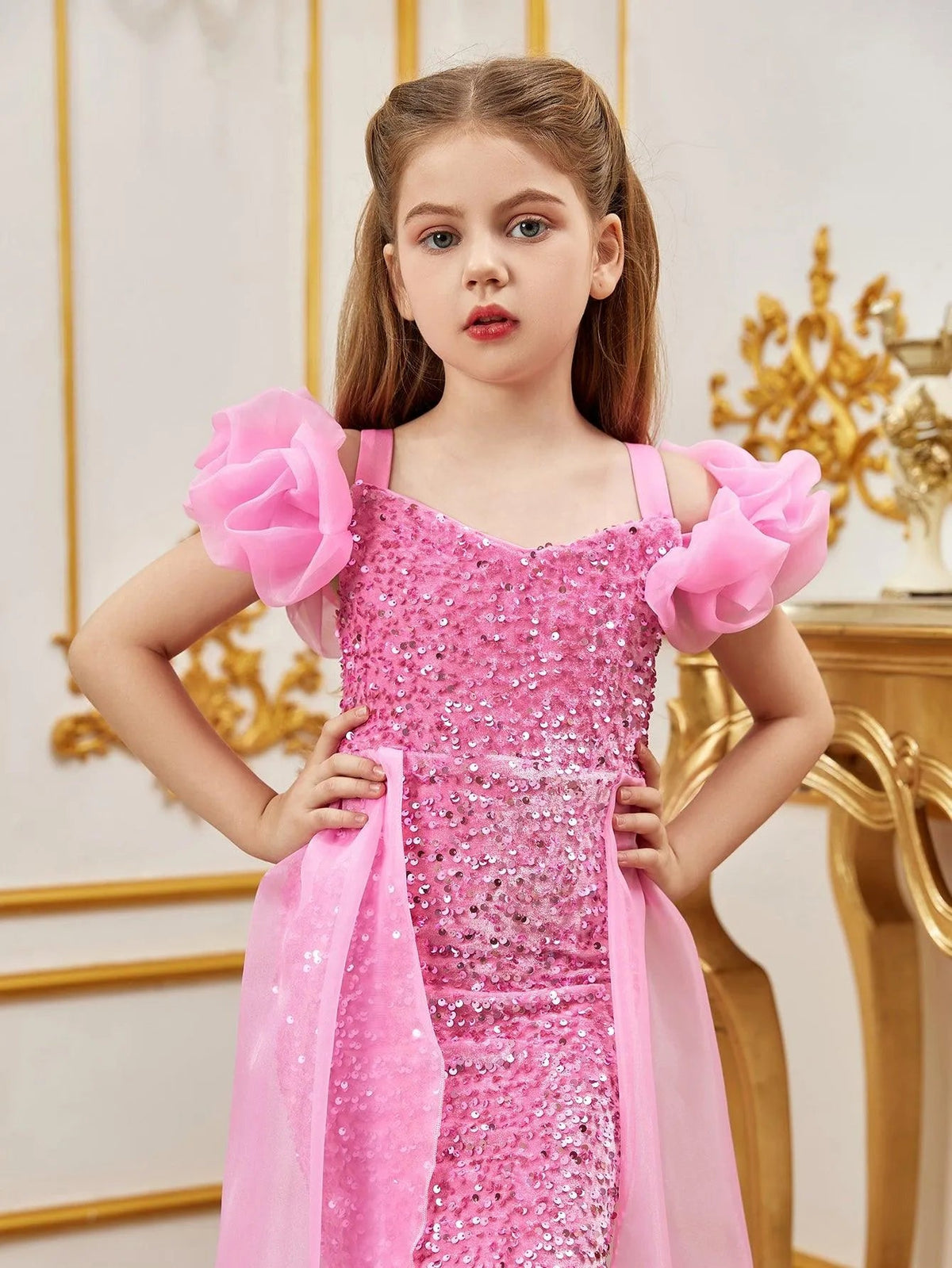 Additional product view of Mesh Overlay Sweetheart-Neck Sequin Mermaid Short-Sleeve Tween Girls' Party Dress