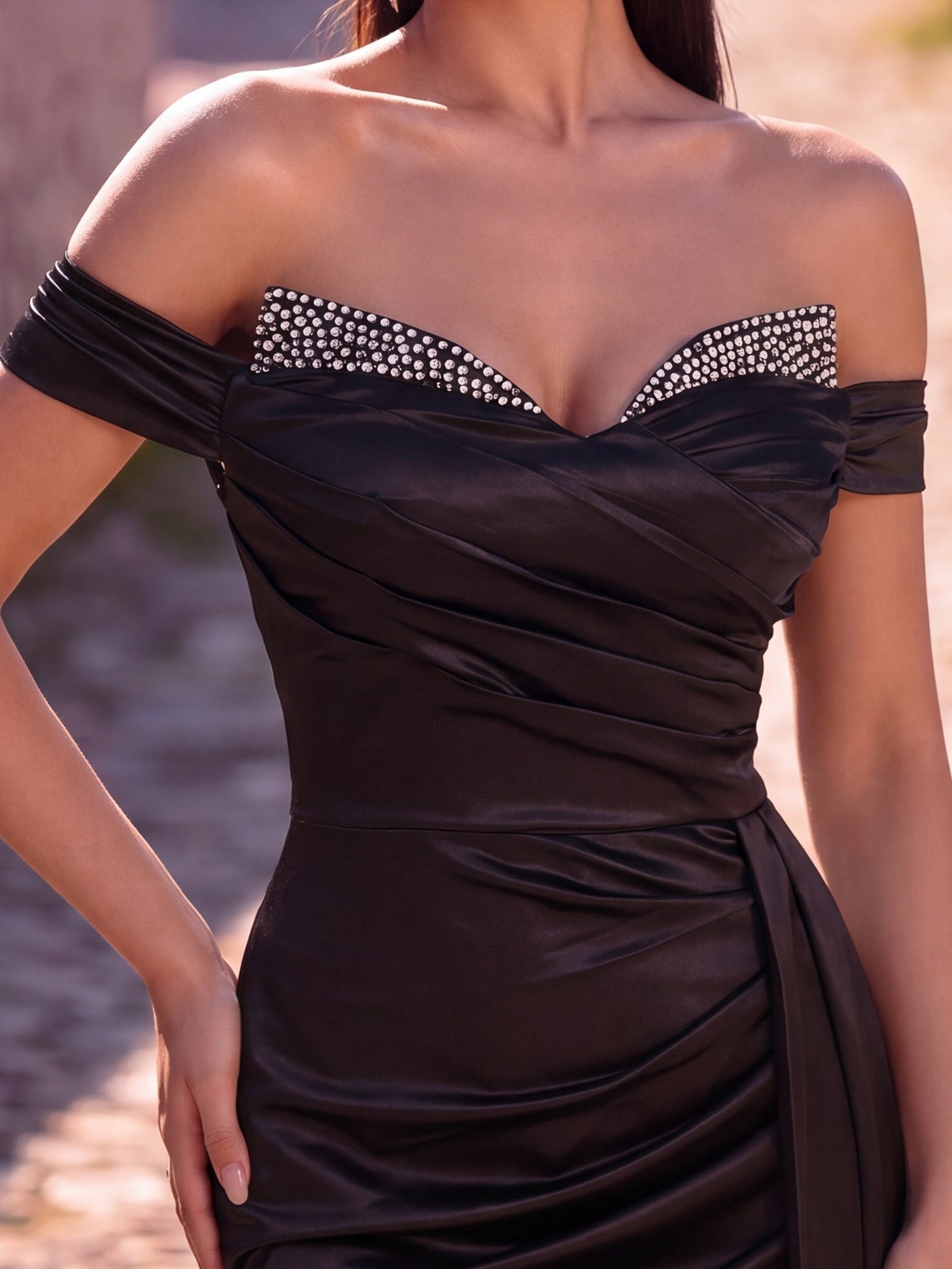 Elegant Satin Off-Shoulder Mermaid Gown | Sculpted Ruching & High Thigh Slit – view 5