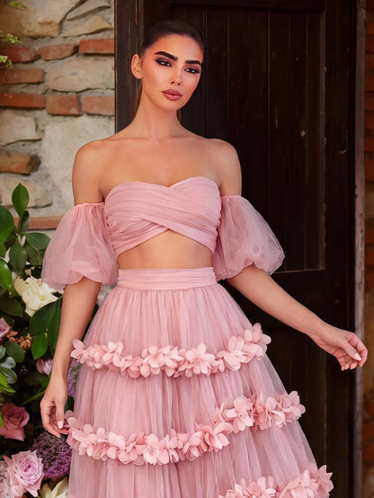 Off Shoulder Puff Sleeve Crop Top & Frill Trim Mesh Skirt – authorized supplier view 9
