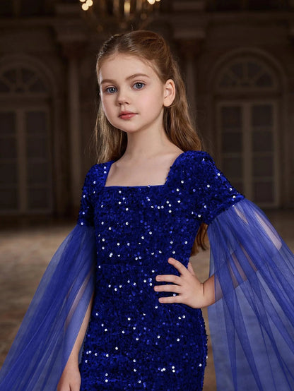 Additional product view of Cloak-Sleeve Square-Neck Sequin Mermaid Maxi Tween Girls' Party Dress