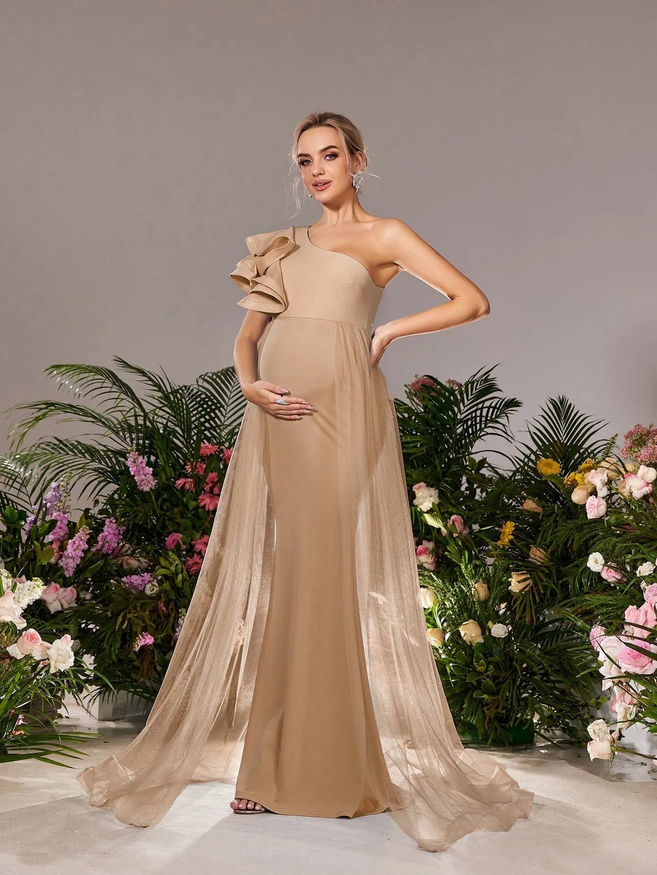 Additional product view of Mesh Overlay Ruffle Trim One-Shoulder Knit Mermaid Maternity Evening Dress
