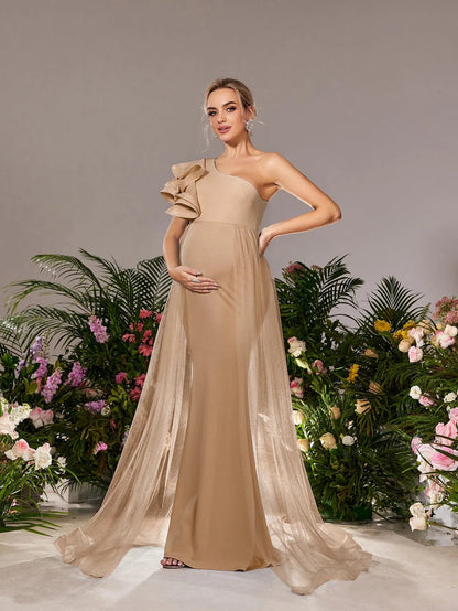 Additional product view of Mesh Overlay Ruffle Trim One-Shoulder Knit Mermaid Maternity Evening Dress
