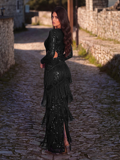 Gorgeous Cut Out Waist Fringed Sequin Party Dress
