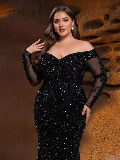 Plus Gorgeous Off Shoulder Mermaid Hem Sequin Evening Dress