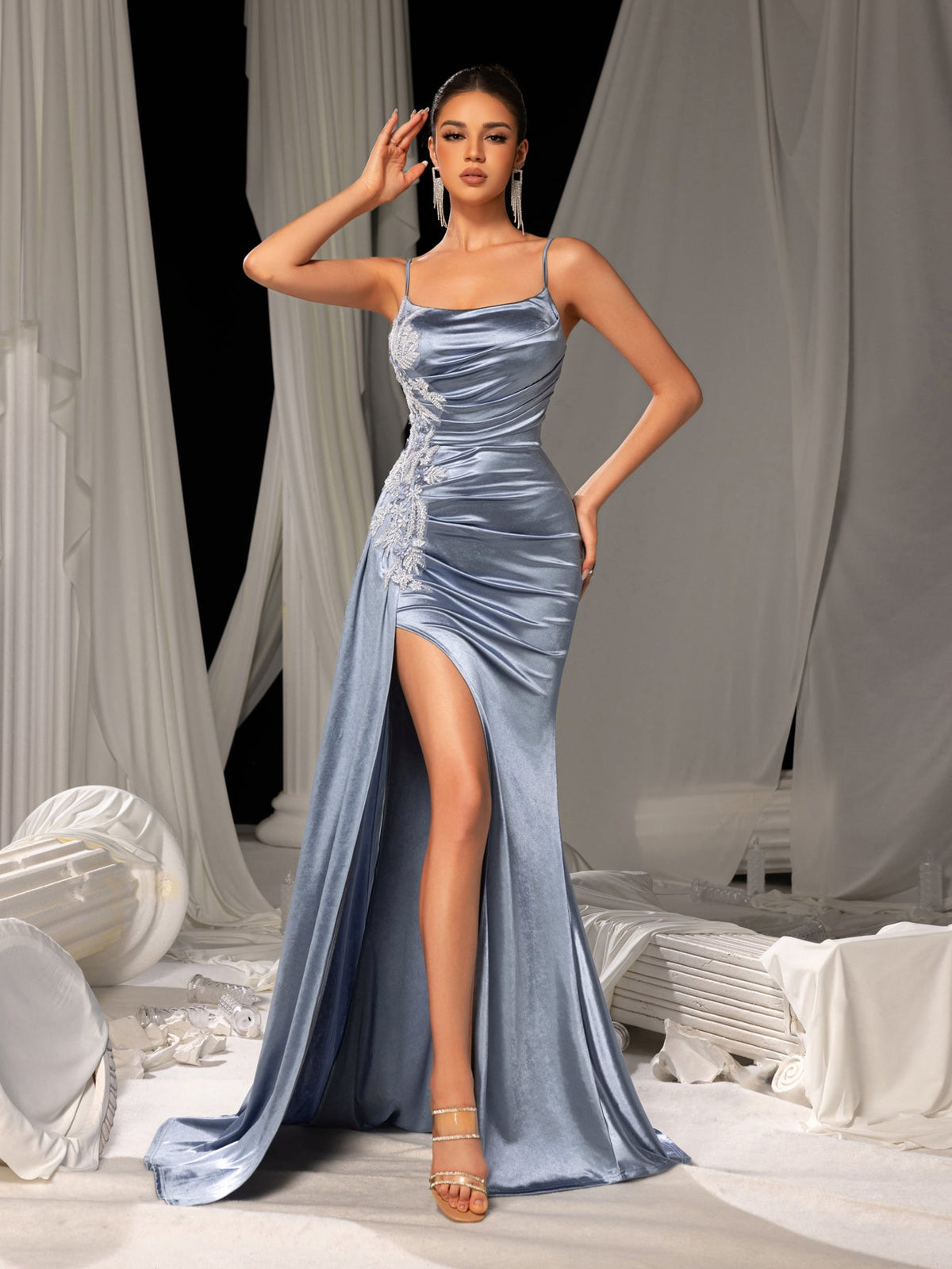 Spaghetti Strap Satin Sleeveless Bodycon Evening Gown — authorized product image 5
