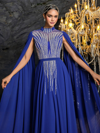 Elegant Chiffon Evening Gown with Beaded Sequin Embroidery Vertical Stripes, Cape-Style Sleeves, Flowy Skirt and Waist Belt Accent – view 5