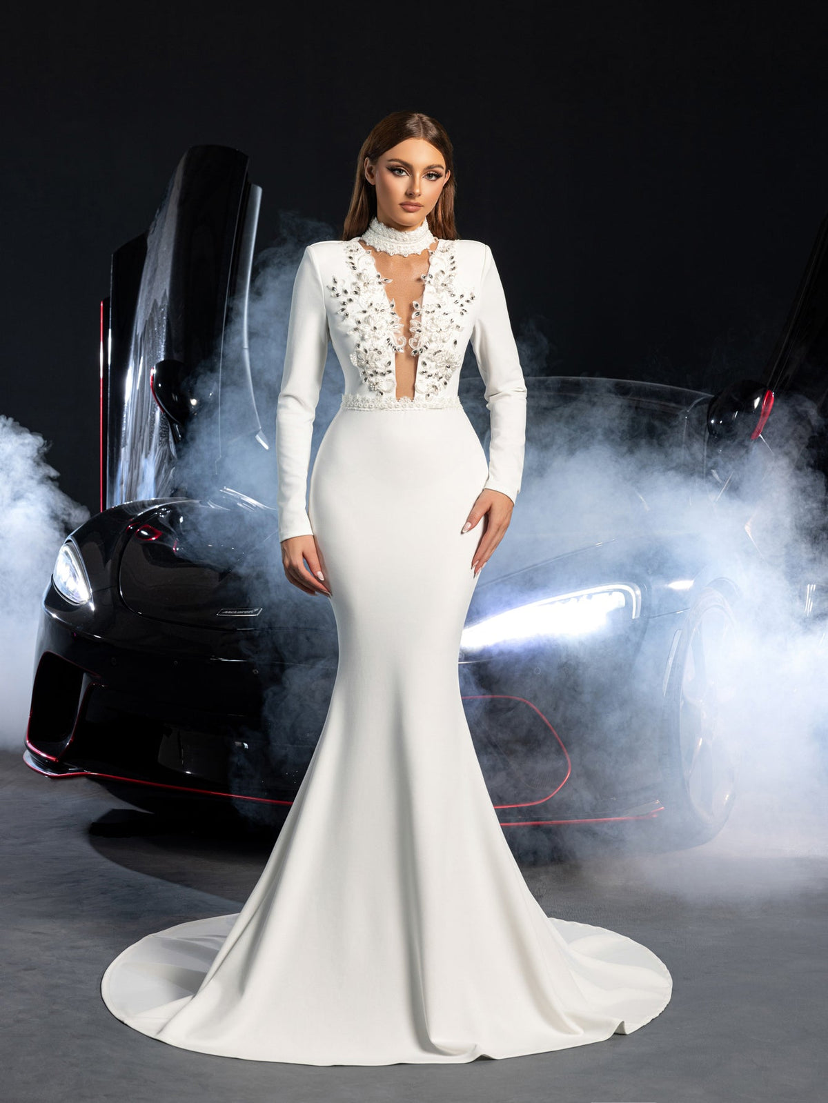 Additional product view of Mermaid Hem Knit Mock-Neck Long-Sleeve Appliqué Wedding Dress