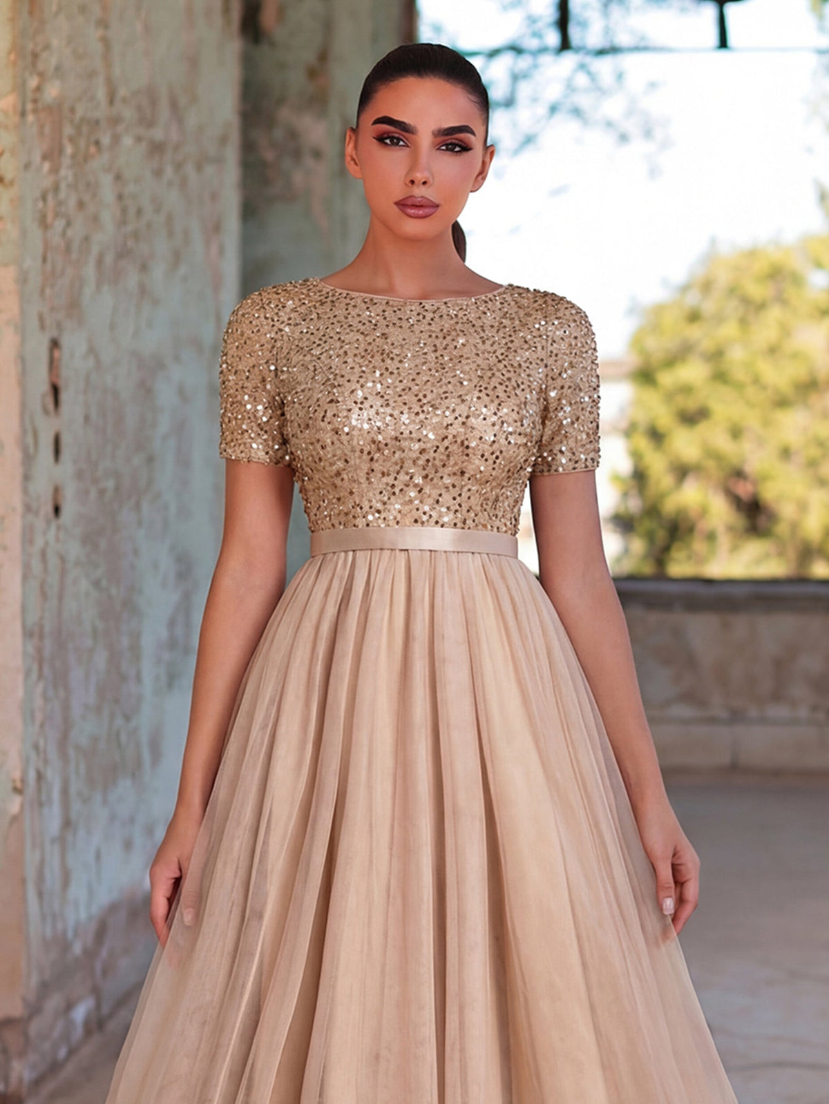 Additional product view of Tulle Skirt Boat-Neck Sequin A-Line Short-Sleeve Evening Gown