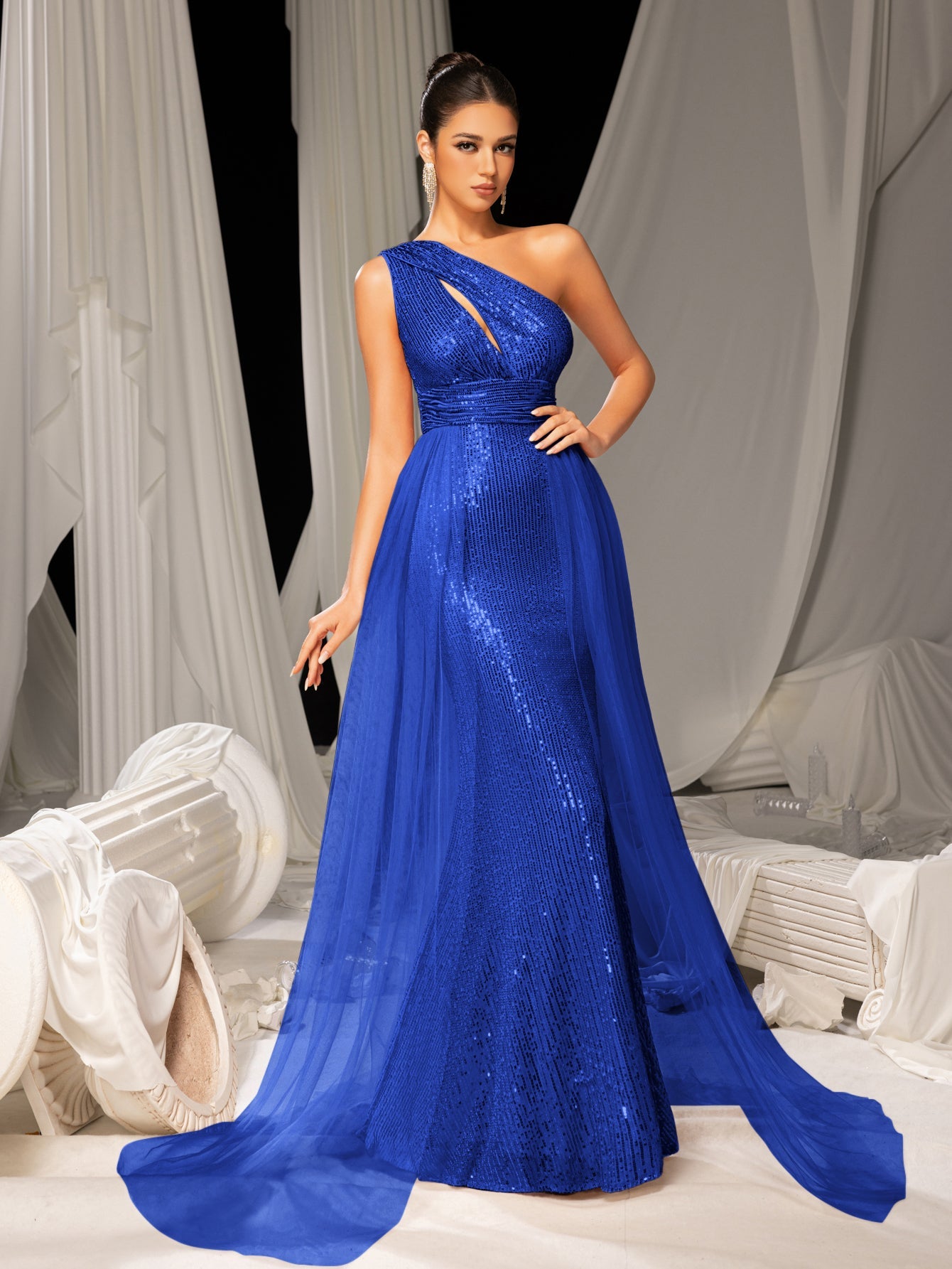 Additional product view of Mesh Overlay One-Shoulder Sequin Mermaid Sleeveless Evening Gown